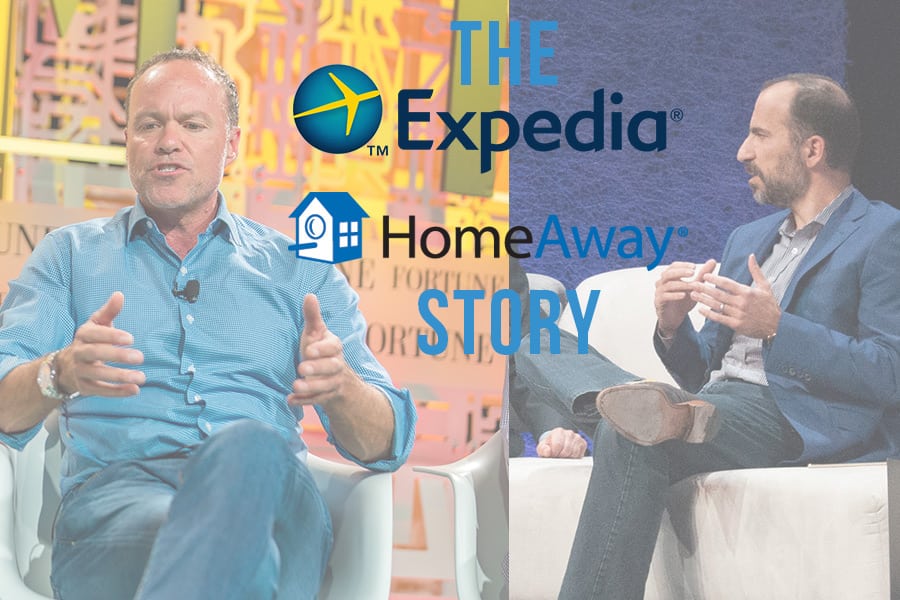 Brian Sharples, HomeAway CEO (left), at a Fortune event, and Dara Khosrowshahi, Expedia CEO at last year's Phocuswright Conference. 
