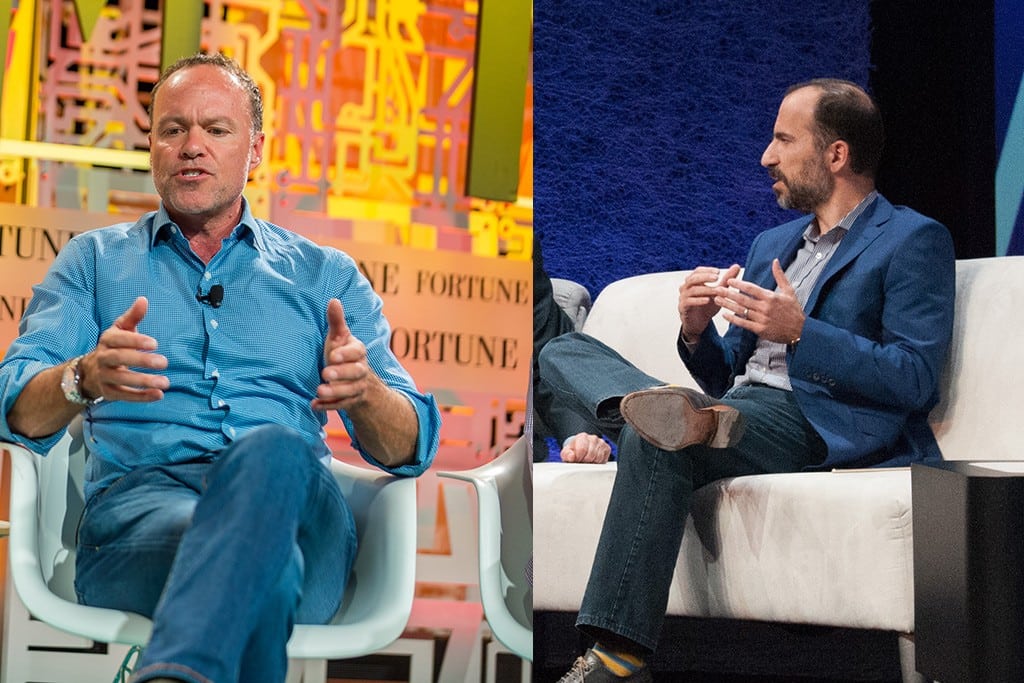 Brian Sharples, HomeAway CEO (left), at a Fortune event, and Dara Khosrowshahi, Expedia CEO at last year's Phocuswright Conference. 