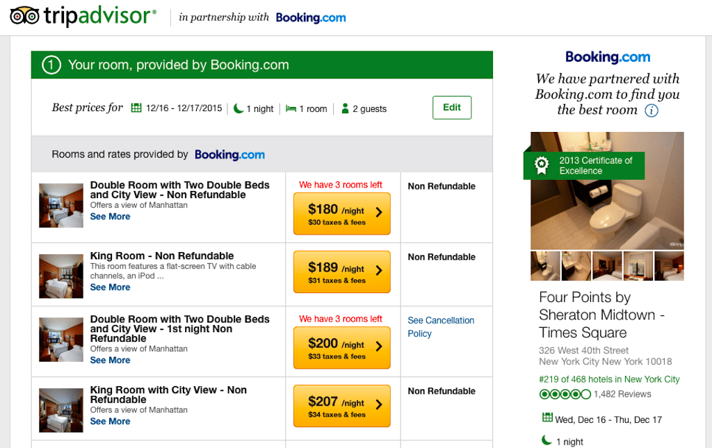 The Booking.com logo is plastered all over this TripAdvisor Instant Booking page in an attempt to make it clear to consumers that the booking is a collaboration between TripAdvisor and Booking.com. 