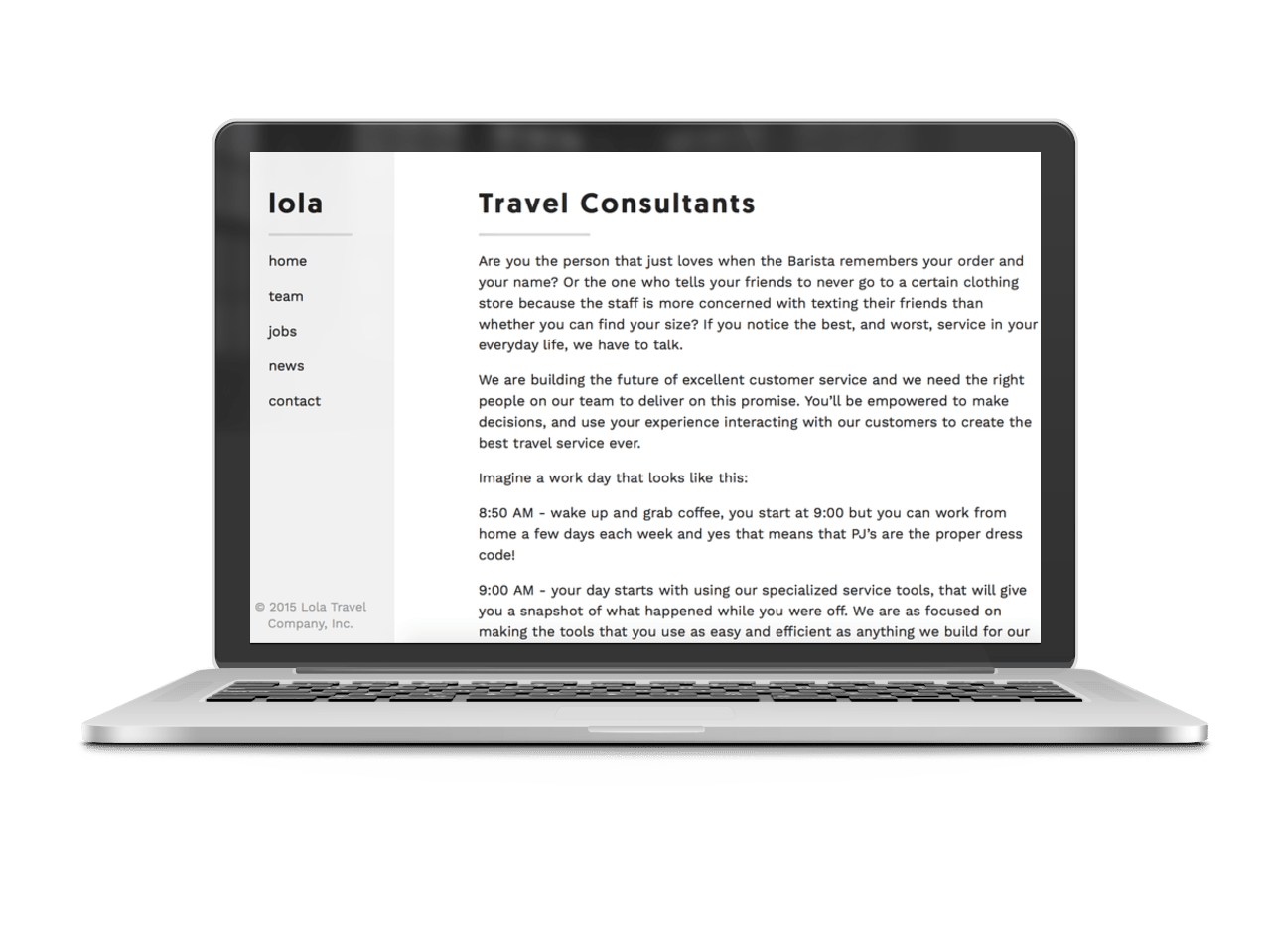 Lola Travel's website job listing for travel agents. 