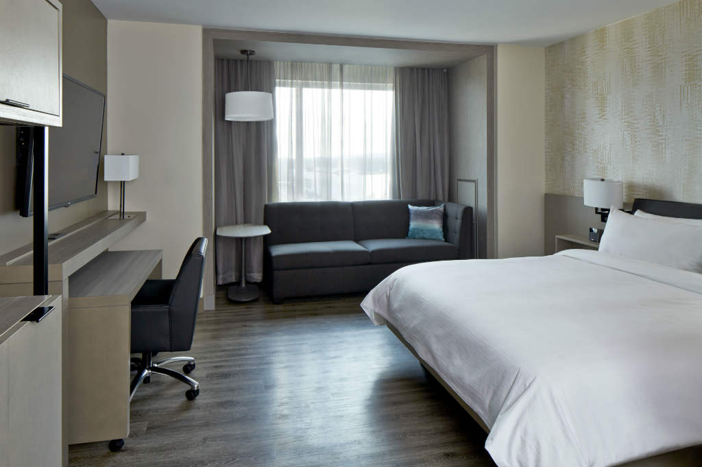 Marriott's Seattle Bellevue Hotel features modern room designs complete with new work surfaces instead of traditional desks.