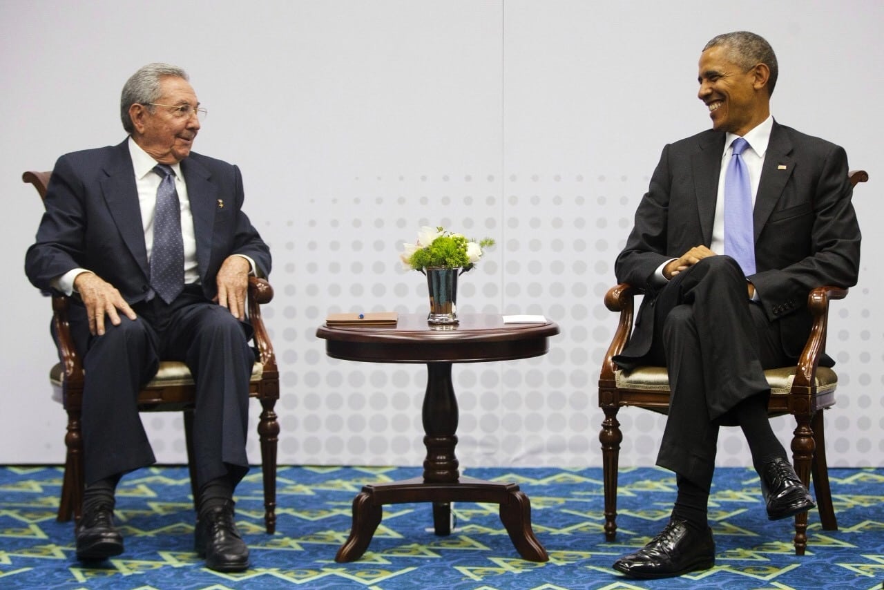 Cuban President Raul Castro, left, and U.S. President Barack Obama meet at the Summit of the Americas in Panama City, Panama. 