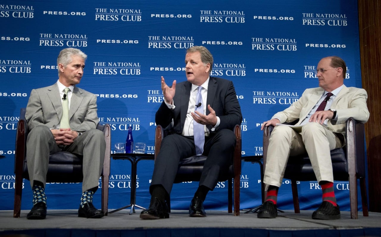 From left, United Airlines Chairman, President and Chief Executive Officer Jeff Smisek, American Airlines Group Chairman and Chief Executive Officer W. Douglas Parker, and Delta Air Lines Chief Executive Officer Richard Anderson, participate in a panel discussion about what they call unfair international competition, Friday, May 15, 2015, at the National Press Club in Washington. 