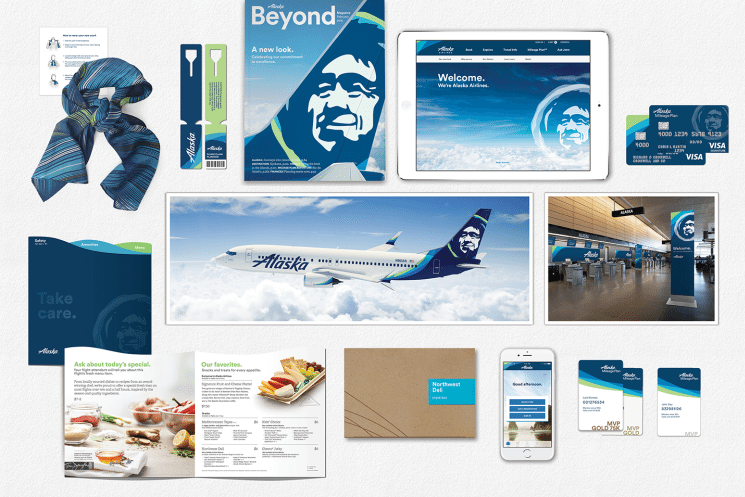 Alaska Airlines rebranded logo, livery, corporate materials, digital presence and customer touchpoints.