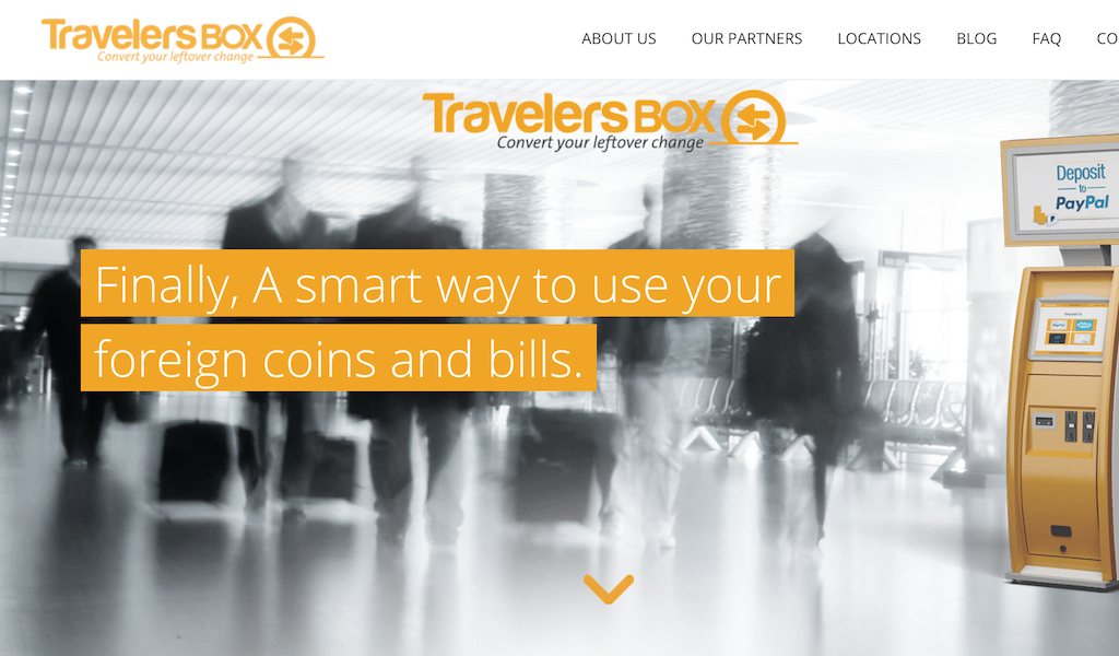 TravelersBox lets travelers deposit foreign currency into their PayPal accounts to redeem it for various gift cards at airport kiosks around the world.