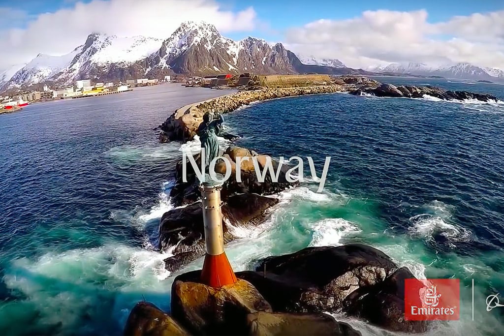A still from drone video of Norway's sights. 