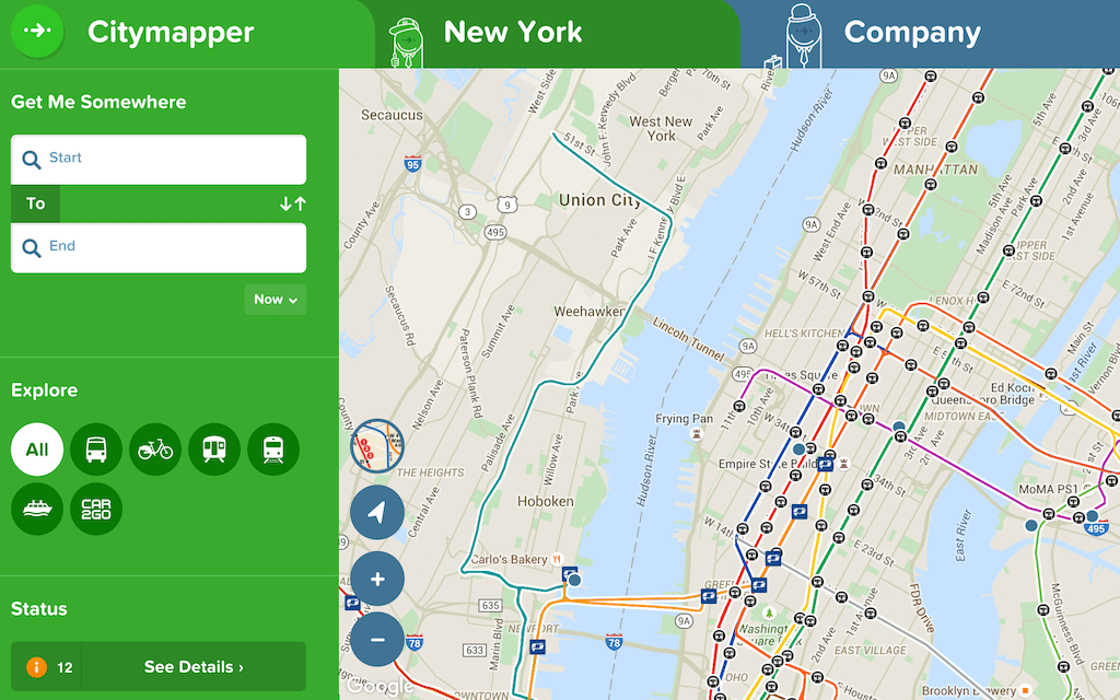 Citymapper is a mobile app providing real-time information about public transit, road disruptions, weather details, etc. 