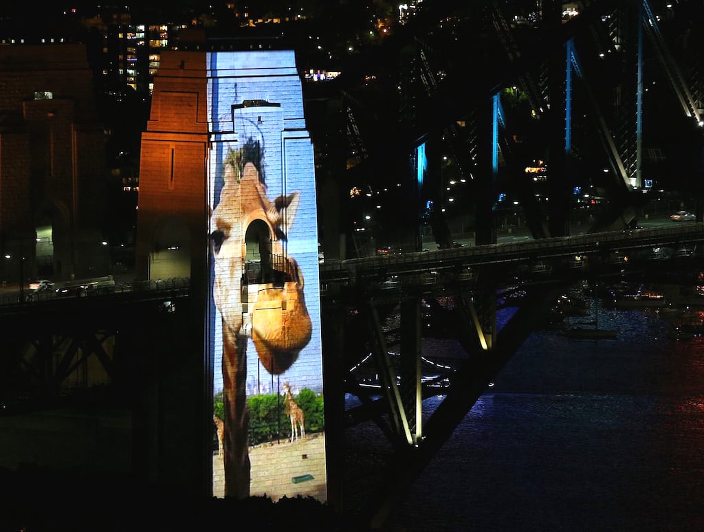 A GoPro video of Sydney's Taronga Zoo is displayed on a pylon supporting the Sydney Harbour Bridge.