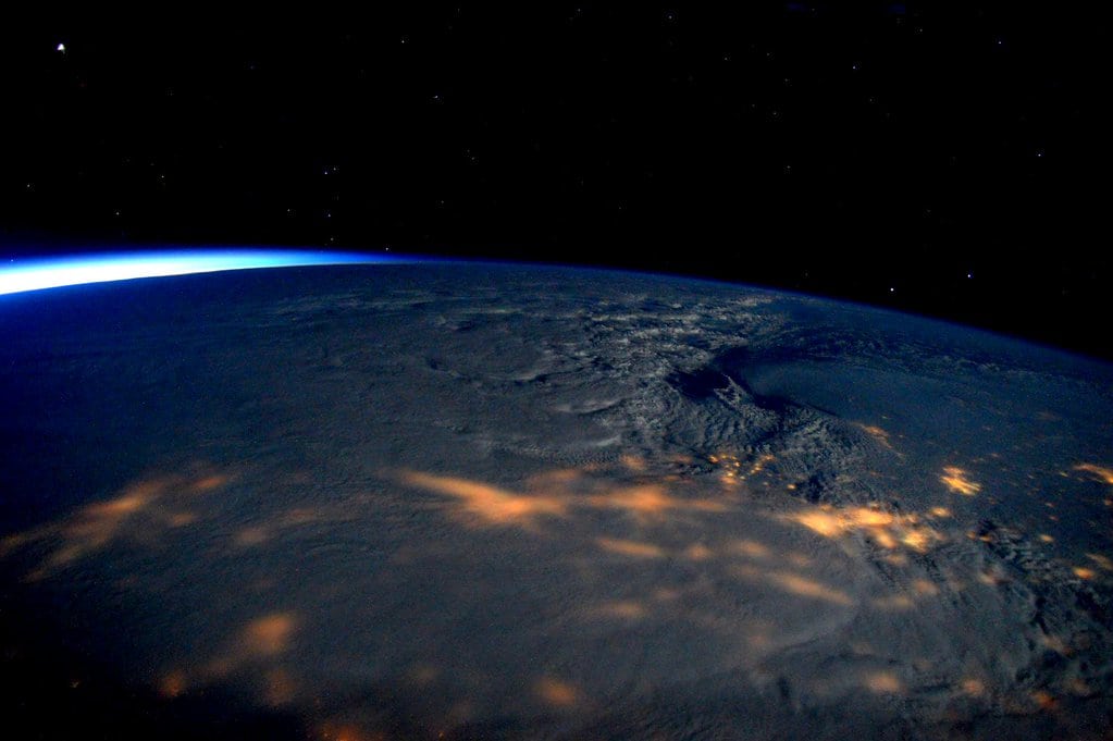 This image made available by NASA via Twitter posted on Saturday, Jan. 23, 2016, by space station commander Scott Kelly, shows a view from the International Space Station of a storm passing over the United States. 