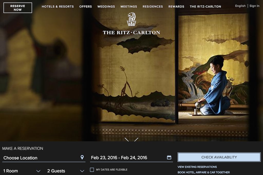 The RitzCarlton.com homepage.
