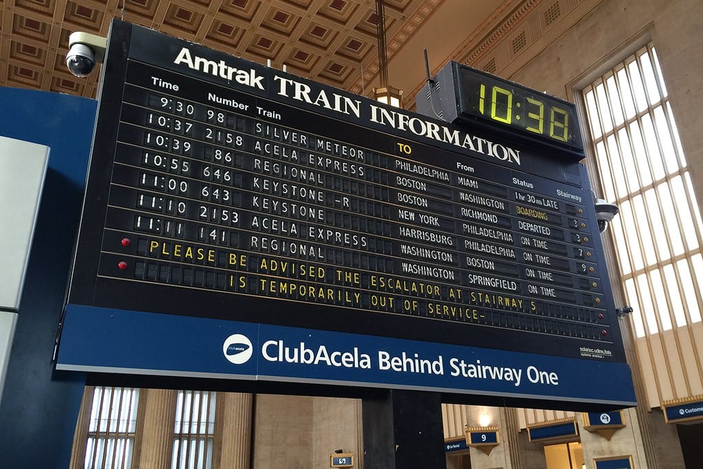 An Amtrak arrivals and departures board at Philadelphia's 30th Street Station, at the heart of Northeast Corridor business travel. Business travel spending surpassed $1.2 trillion globally in 2015. 