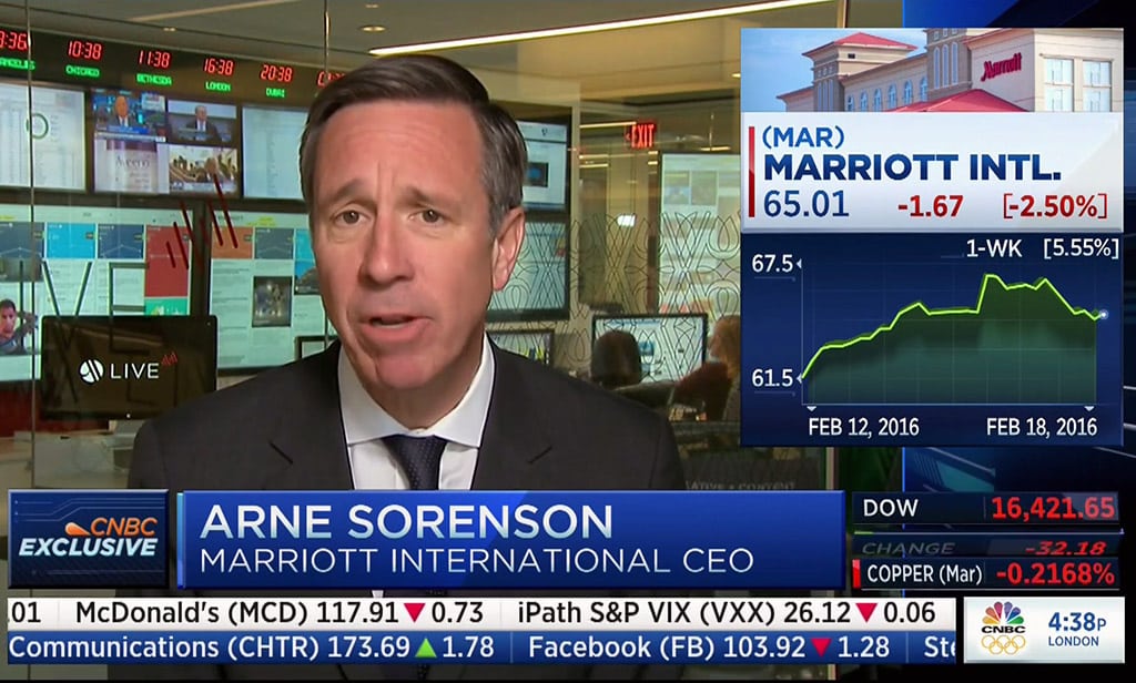 Marriott International CEO Arne Sorenson appearing on CNBC following the company's Q3 earnings report. 