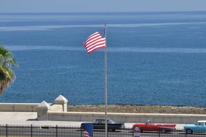 The U.S. flag flies at the U.S. embassy in Havana, Cuba, August 14, 2015. The U.S. State Department warned U.S. citizens on September 29, 2017 not to visit Cuba.