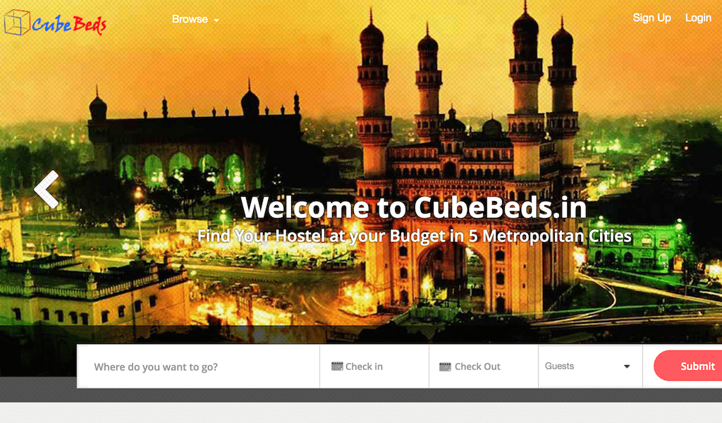 CubeBeds is a hostels booking site in India.