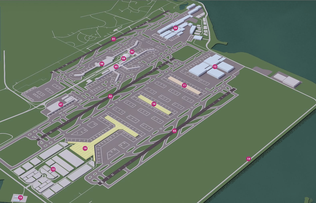A rendering of the Changi East expansion of Singapore's Changi Airport, pictured in the foreground, depicting how it will be roughly the same size as the three existing terminals combined. 