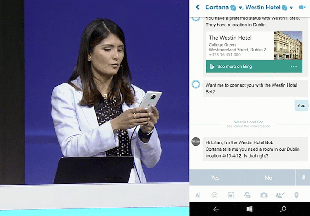 A demo of a hypothetical Westin bot within Microsoft's Skype app at Microsoft's Build conference in San Francisco this week.