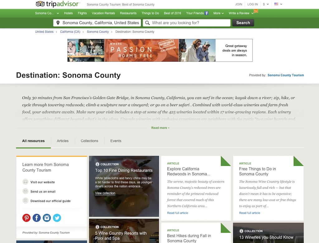 Sample of TripAdvisor destination content page showing new categories for Articles, Collections, and Events content, where tourism boards can post more timely and comprehensive editorial. 