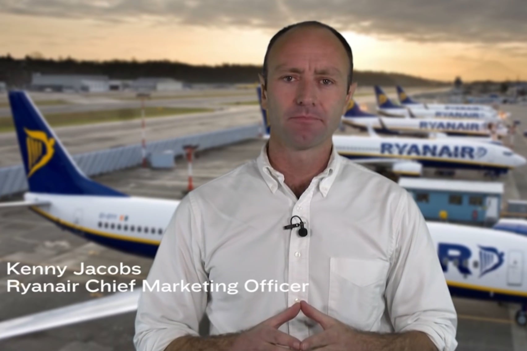 Kenny Jacobs, Ryanair CMO, appearing in a YouTube short filmed next to his office. 