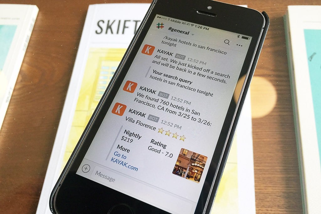 Kayak has a messaging bot that can be used on Facebook Messenger and Slack, pictured here. Priceline and Expedia's CEOs recently offered their thoughts on the messaging trend in travel.

