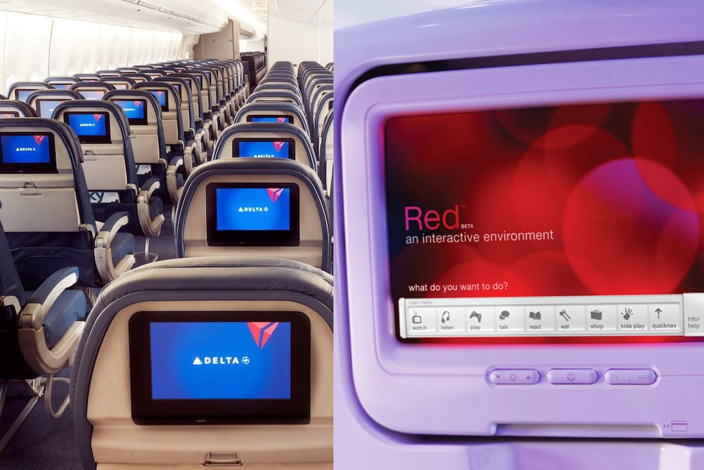 Seat-back entertainment on Delta Air Lines (L) and Virgin America. Industry experts see Delta as the most logical buyer of Virgin. 