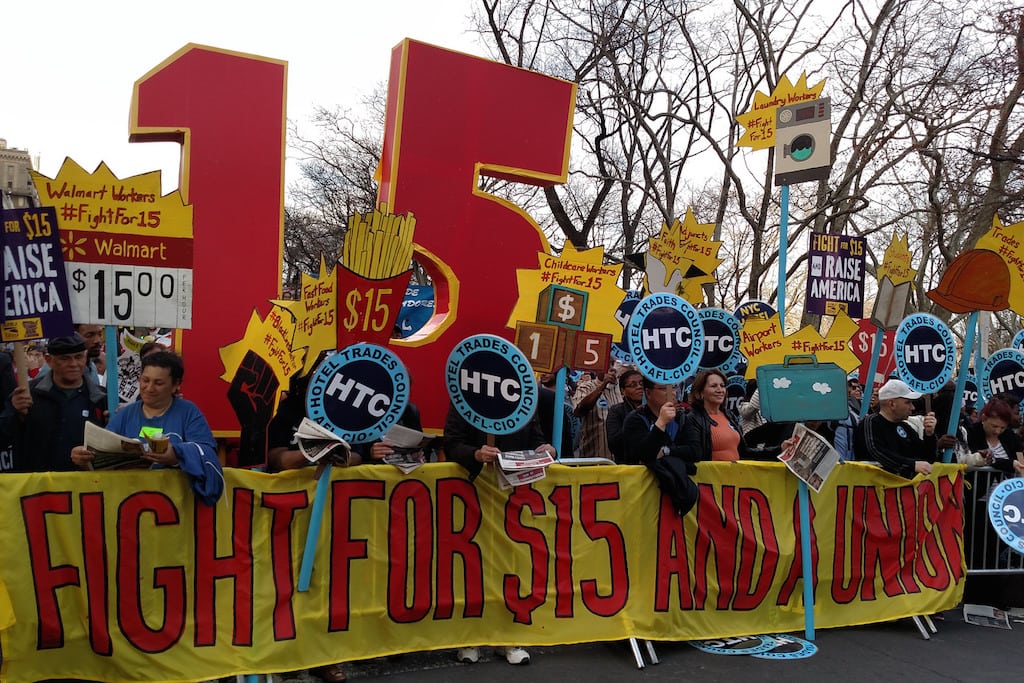 An image from an April 14 protest in New York City supporting raising the national minimum wage to $15.  