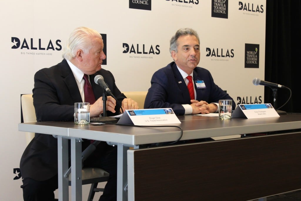 Roger Dow (left),  CEO of U.S. Travel Association, and Chris Thompson, CEO of Brand USA, speaking during the World Travel & Tourism Council Global Summit in Dallas, Texas on April 6, 2016. 