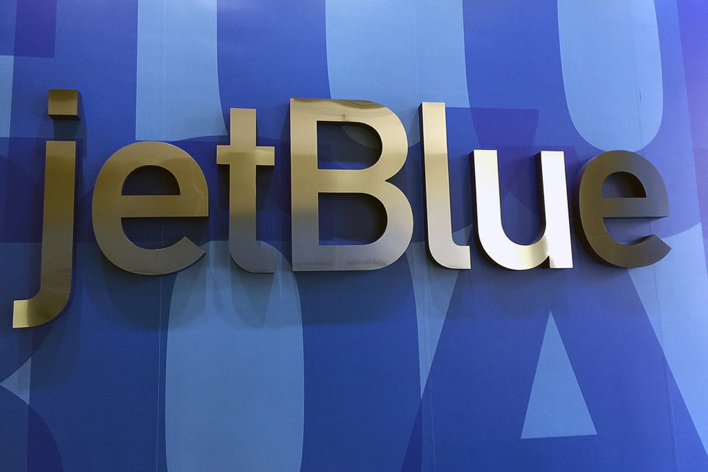The JetBlue logo in its Long Island City headquarters in New York. 