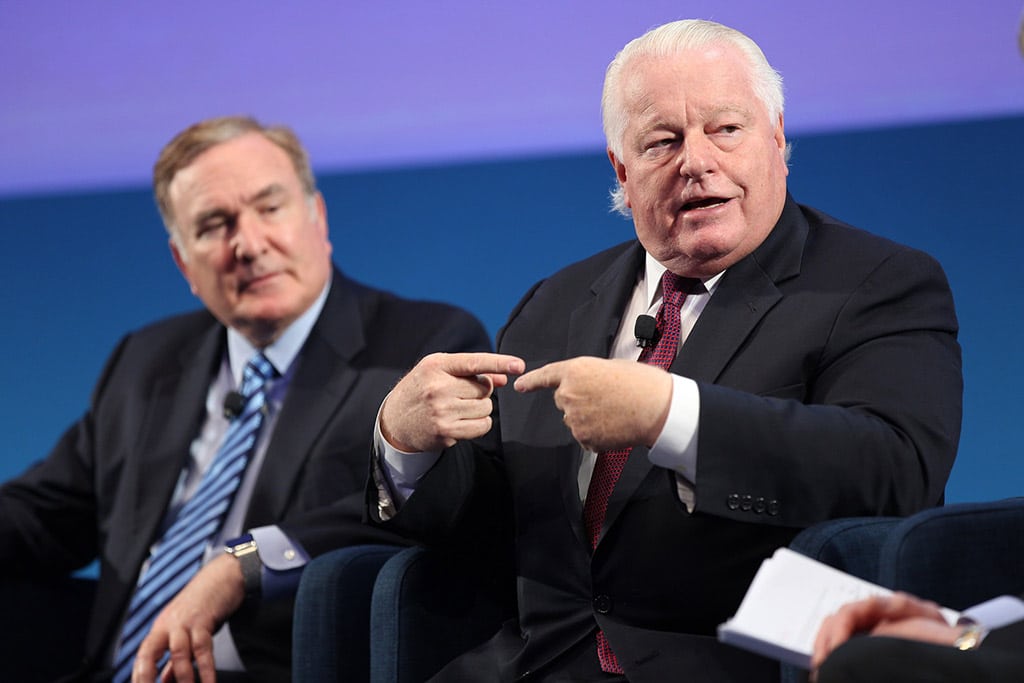U.S. Travel Association president Roger Dow (right) will discuss the state of the U.S. travel industry at the Skift Global Forum later this month. Pictured is Dow at the World Travel & Tourism Council's 2016 Global Summit in Dallas, along with Royal Caribbean Cruises CEO Richard Fain.