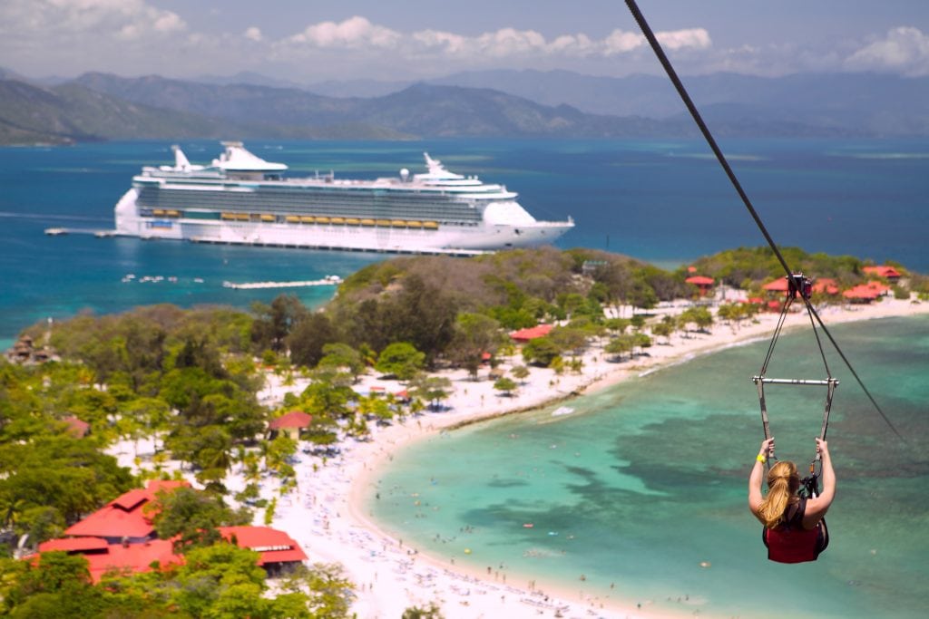 A Royal Caribbean ship is shown at the company's private destination, Labadee, in Haiti. 
