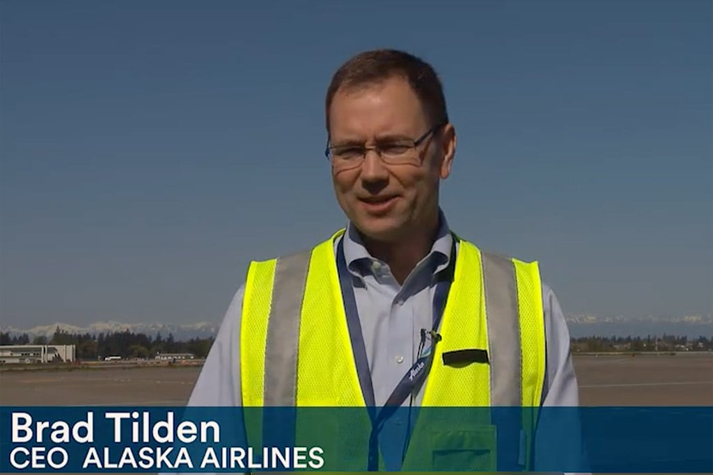 Screenshot of Video of Brad Tilden, CEO Alaska Airlines, addressing Virgin America employees. 