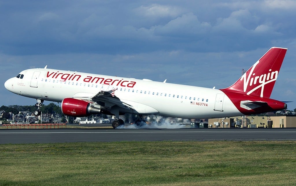 A Virgin America aircraft lands in Boston.
