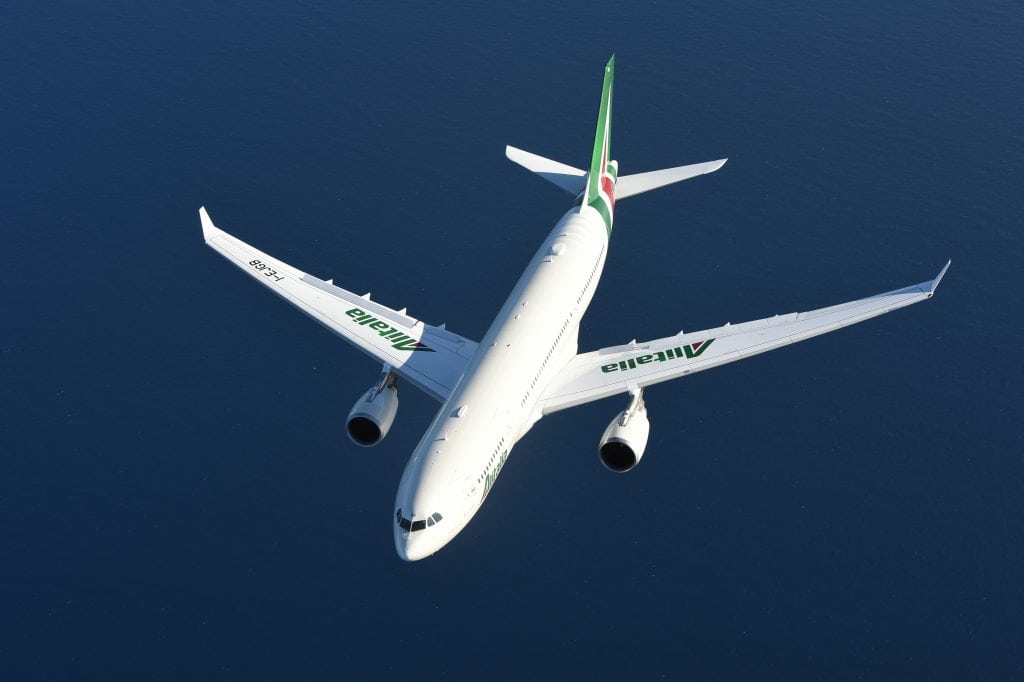 An updated Alitalia Airbus A330 in flight. 