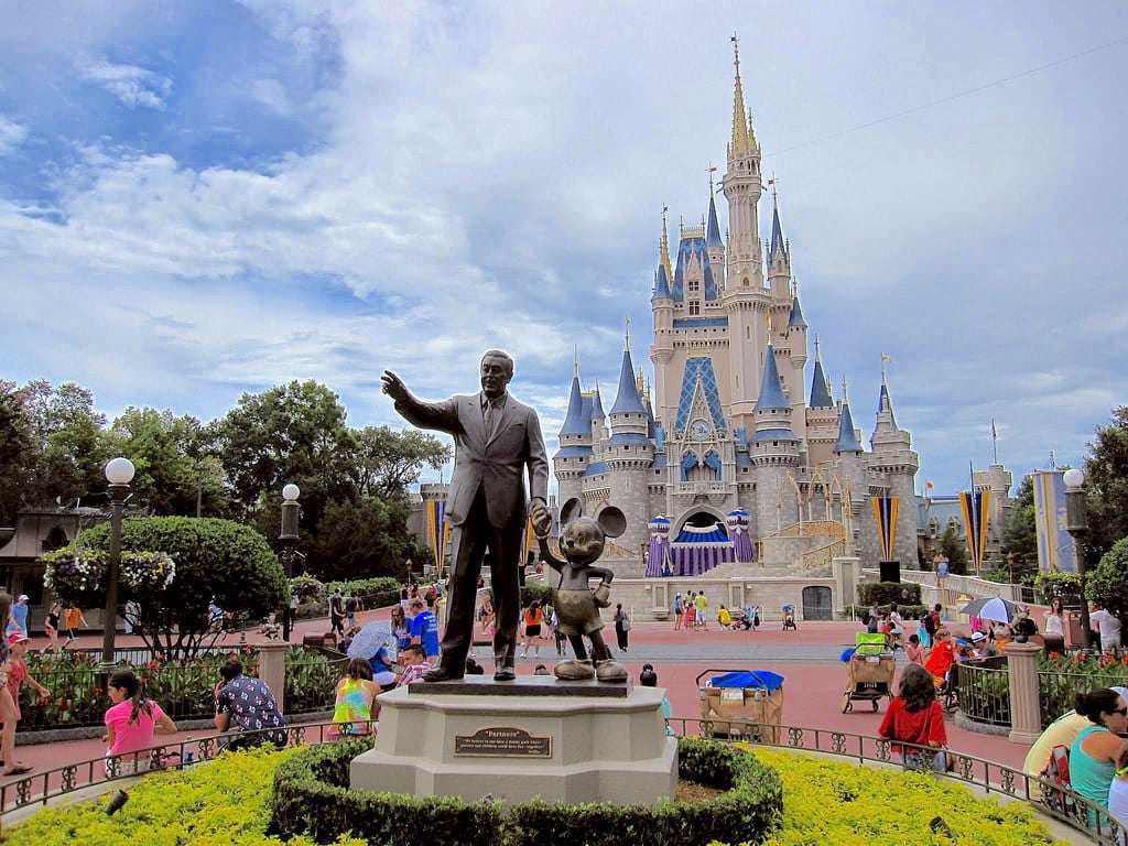 A statue of Walt Disney and Mickey Mouse at the Magic Kingdom in Florida.