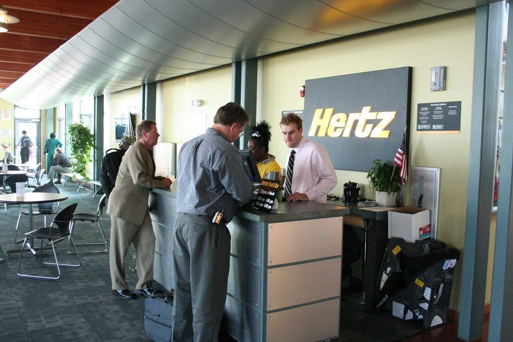 Hertz rental cars desk in the Milwaukee, Wisconsin Terminal of the Lake Express in 2006. Hertz is seeking financing to get through the coronavirus crisis.