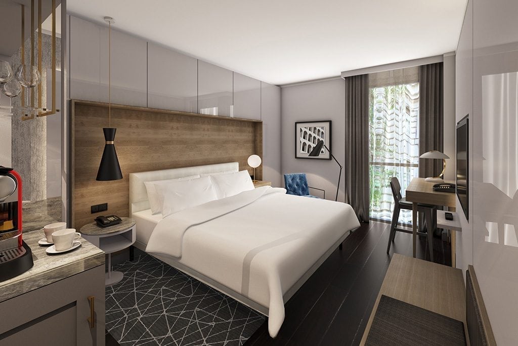 A rendering of a guest room from Le Méridien Visconti Rome, which is expected to open by the end of this year following a $20-million conversion and renovation.  