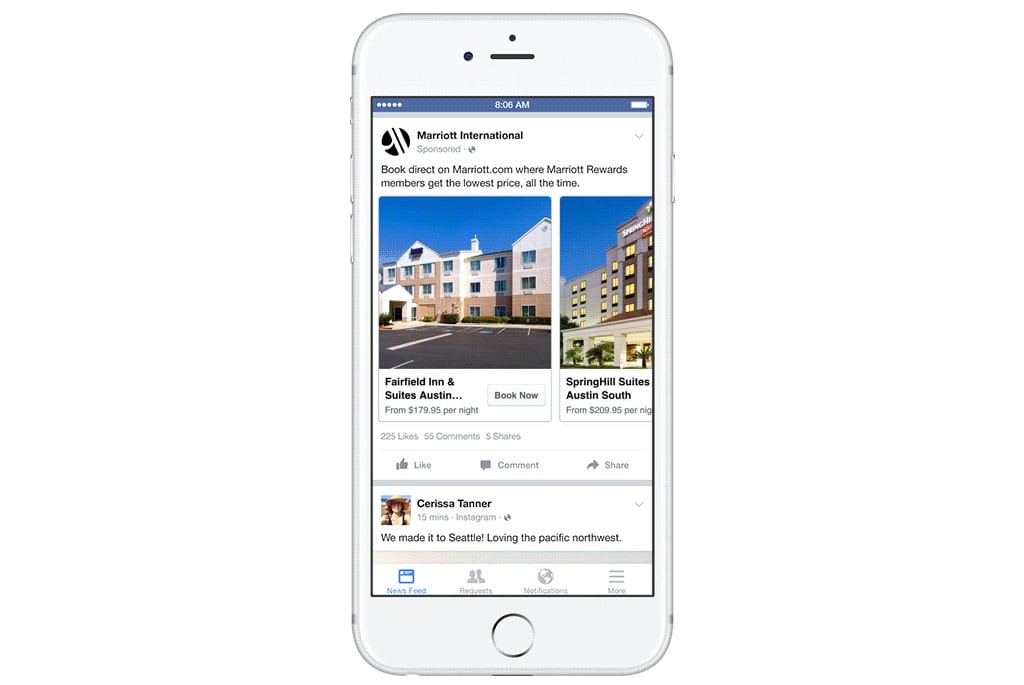 The new Facebook Dynamic Ad product featuring an ad by Marriott International. 