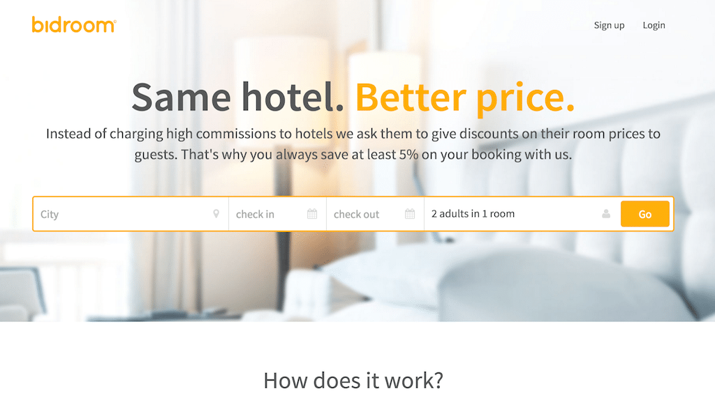 Bidroom is a hotel booking site that searches for the lowest available direct booking rates.