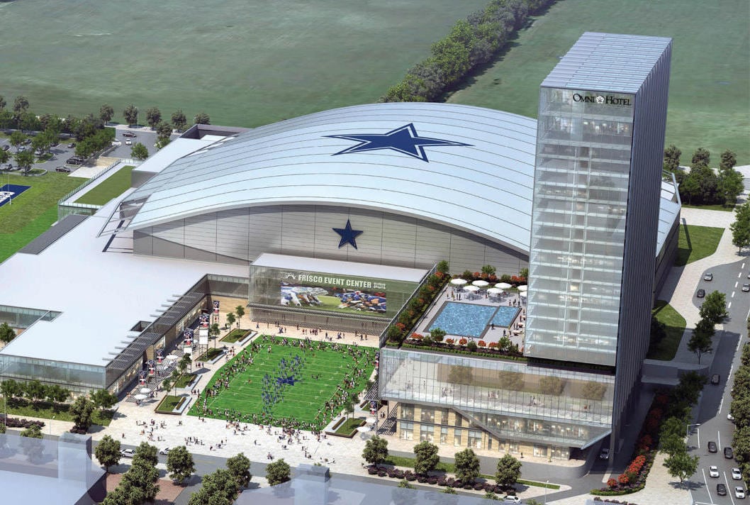 A rendering of the new Omni Frisco Hotel and new Dallas Cowboys HQ in Frisco, TX.