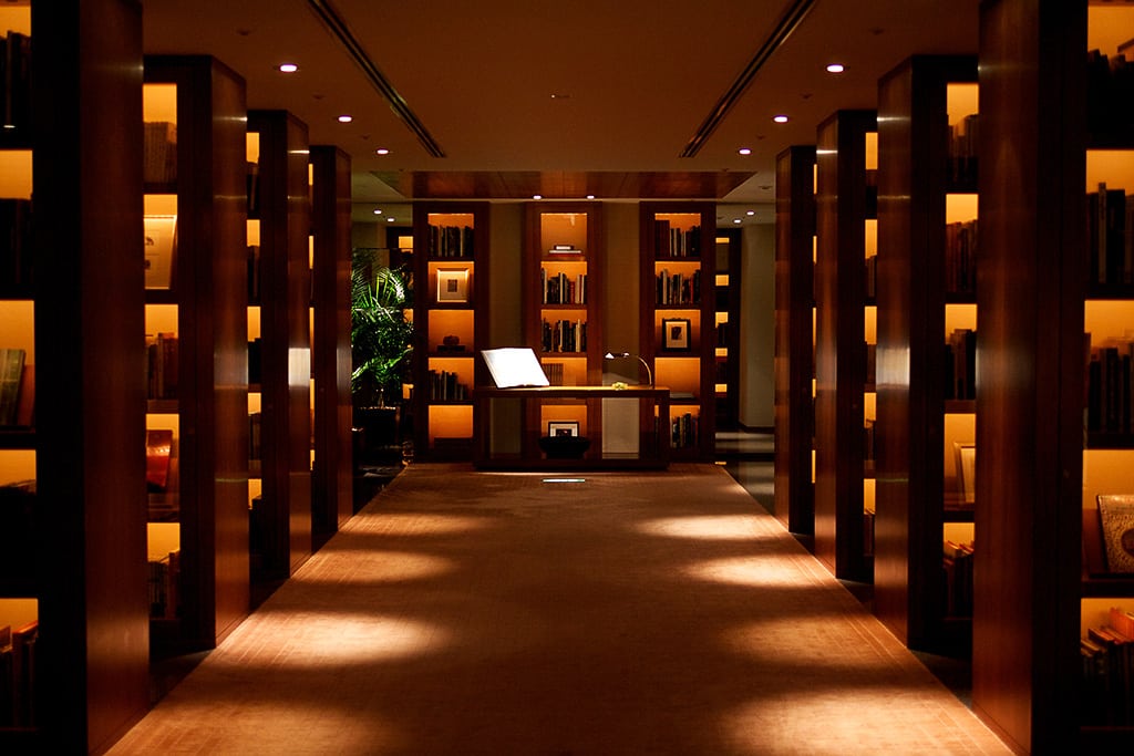 The "library" leading the way into the Tokyo Park Hyatt's check-in desks. 