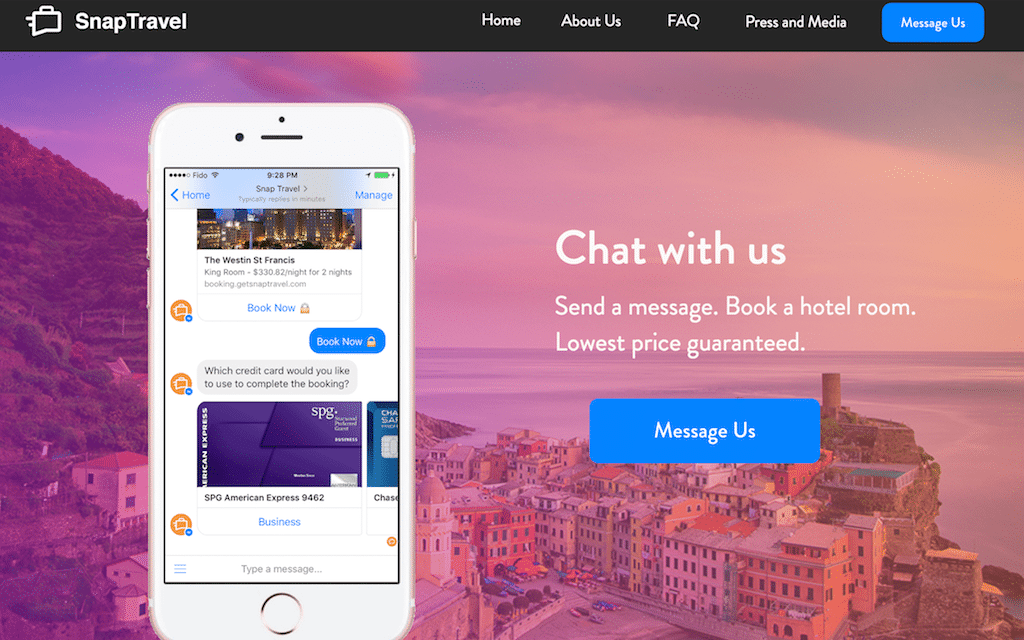 SnapTravel is a messaging bot for booking hotels on Facebook Messenger, Slack and SMS.