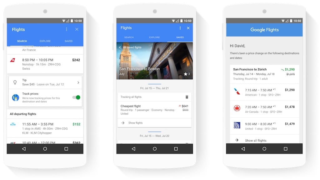 Promotional images from Google related to deal-centric changes to its airline and hotel travel products on mobile devices. 