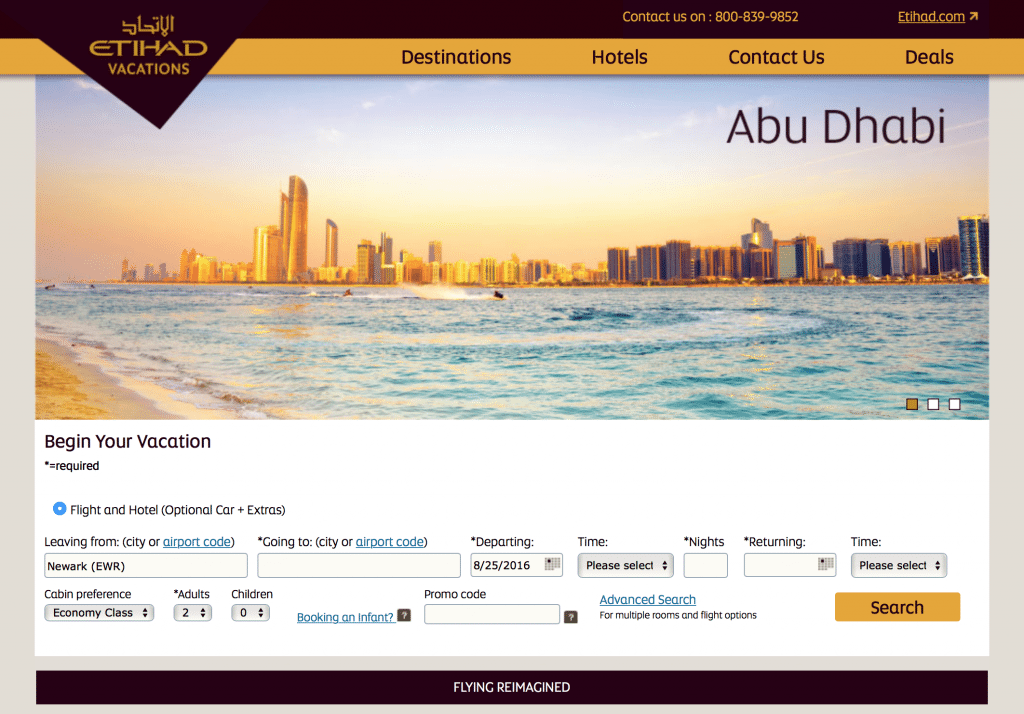 Etihad Airways is attempting to capture a piece of the packaged vacation market in North America. Its new Etihad Vacations booking site is pictured here.