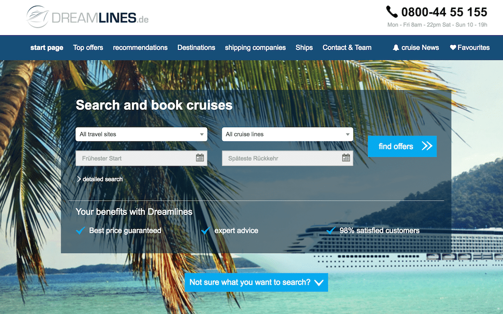Dreamlines is a cruise booking site in Europe.