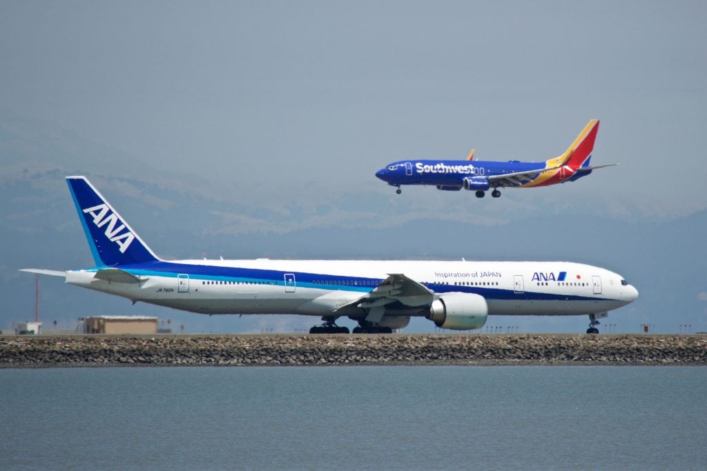 A Southwest Airlines Boeing 737 lands in San Francisco. Southwest is considering new relationships with international airlines, such as Japan's ANA. 