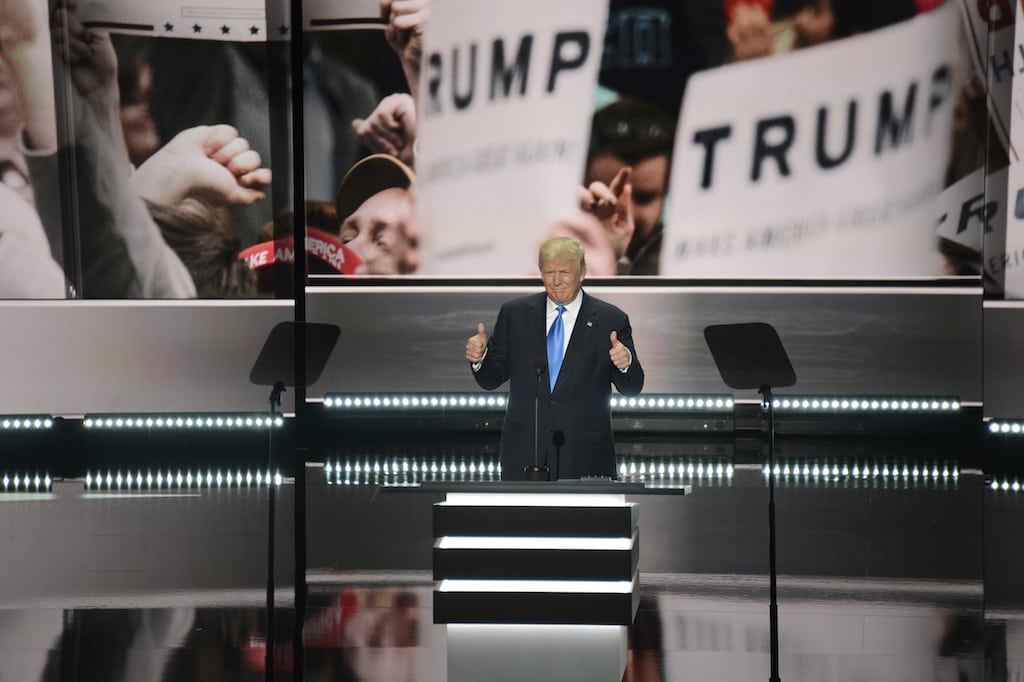 Not a single major travel industry executive or group has donated to Donald Trump's campaign. Here, Donald Trump addresses the crowd at this year's Republican National Convention in Cleveland, Ohio.