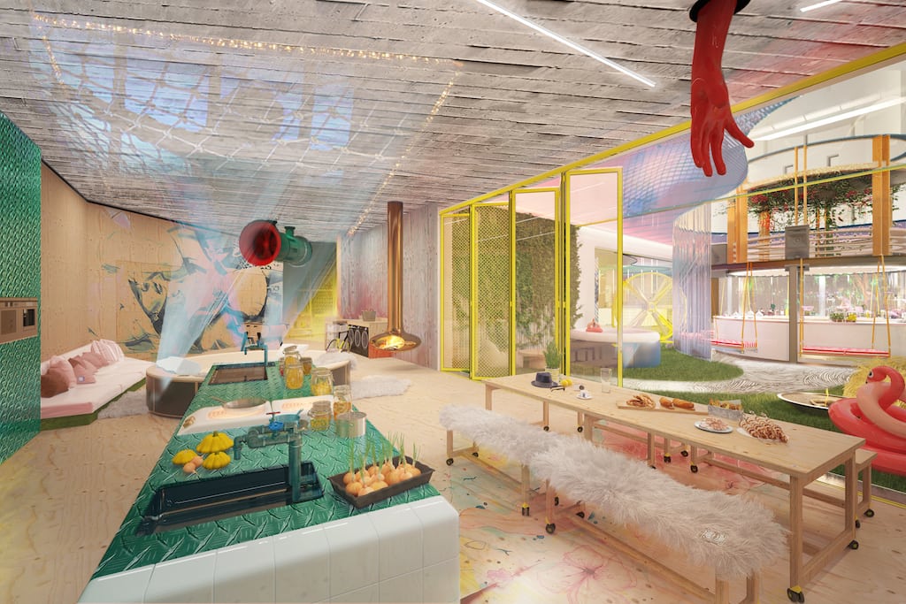 A rendering of the "Happy House" space within each Jo&Joe, where guests can do laundry, cook, and  unwind. It's an example of how hospitality will continue incorporating elements of co-living in 2017 and beyond. 
