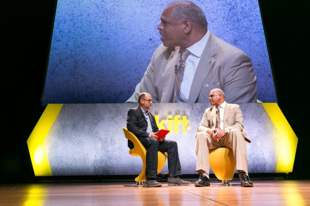 Arnold Donald, CEO of Carnival Corp. (R), speaking with Skift Editor-in-Chief Jason Clampet at Skift Global Forum in New York on Sept. 27, 2016. 