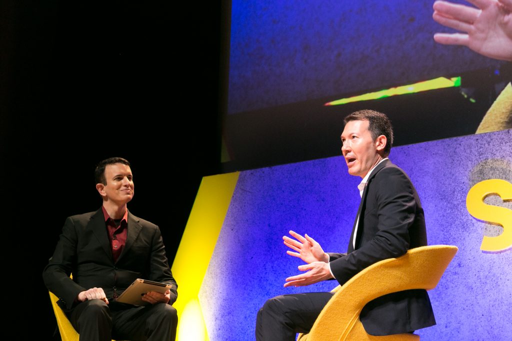 Air Canada President Ben Smith (R) with APEX CEO Joe Leader at the Skift Global Forum. Air Canada believes its business class is luxurious enough to attract premium customers. 