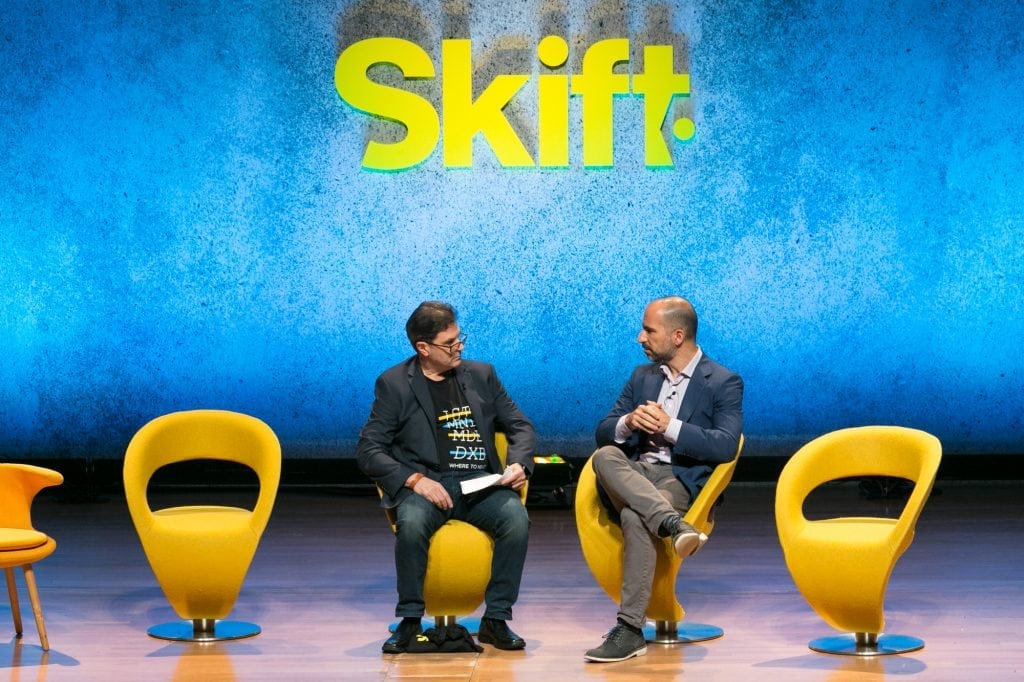 Expedia Inc. CEO Dara Khosrowshahi (R) onstage at Skift Global Forum in New York, Sept. 27, 2016. 
