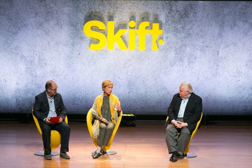 Jason Clampet, co-founder Skift (L); Meryl Levitz, CEO Visit Philadelphia; and Roger Dow, CEO of U.S. Travel Association at the Skift Global Forum in New York, Sept. 27, 2016. 